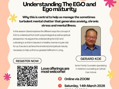 In this session Gerard explores the different ways the concept of EGO is understood from both a psychological as well as spiritual perspective. He argues that understanding the EGO and cultivating it, so that it matures in a healthy manner is quite vital for us, if we are to achieve the emotional and spiritual maturity necessary to help us find our greatest fulfillment in Living.
Brought to you by the Archdiocesan Mental Health Ministry.

Register via: 
bit.ly/UnderstandEgo26 
or scan the QR code on the poster. 

Love offerings are most welcome🙏